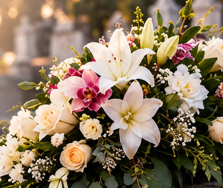 Elegancka wiązanka z lilii, róż i gipsówki